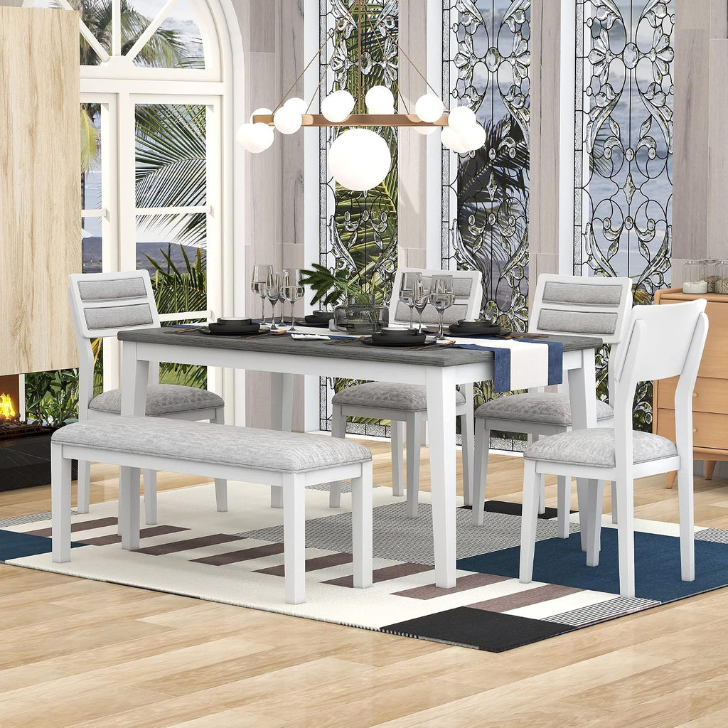 Rustic Farmhouse 6-Piece Kitchen Dining Table Set, Solid Wood Dining Room Set of 6, Classic 60'' Rectangular Table with 4 Upholstered Padded Chairs and Bench (White-3)