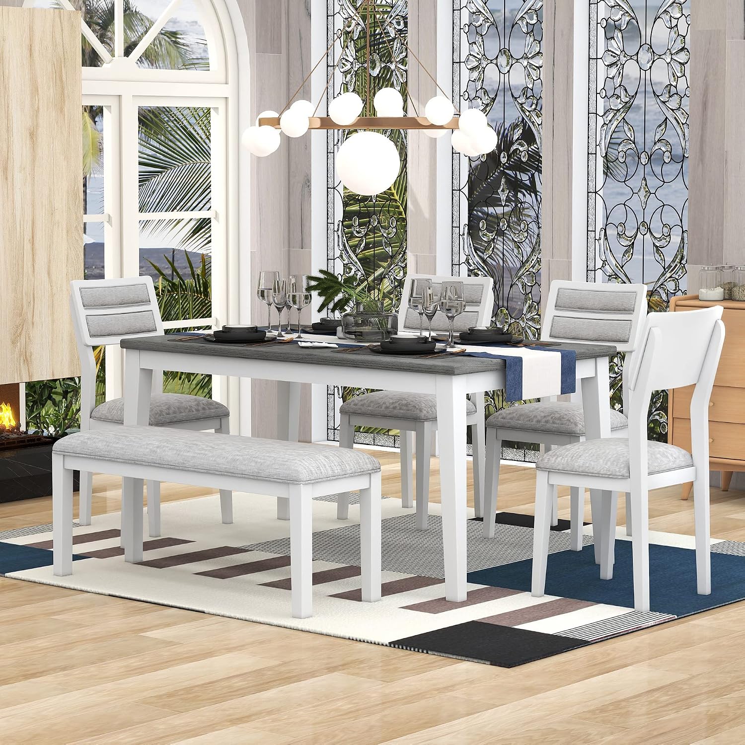 Rustic Farmhouse 6-Piece Kitchen Dining Table Set, Solid Wood Dining Room Set of 6, Classic 60'' Rectangular Table with 4 Upholstered Padded Chairs and Bench (White-3)