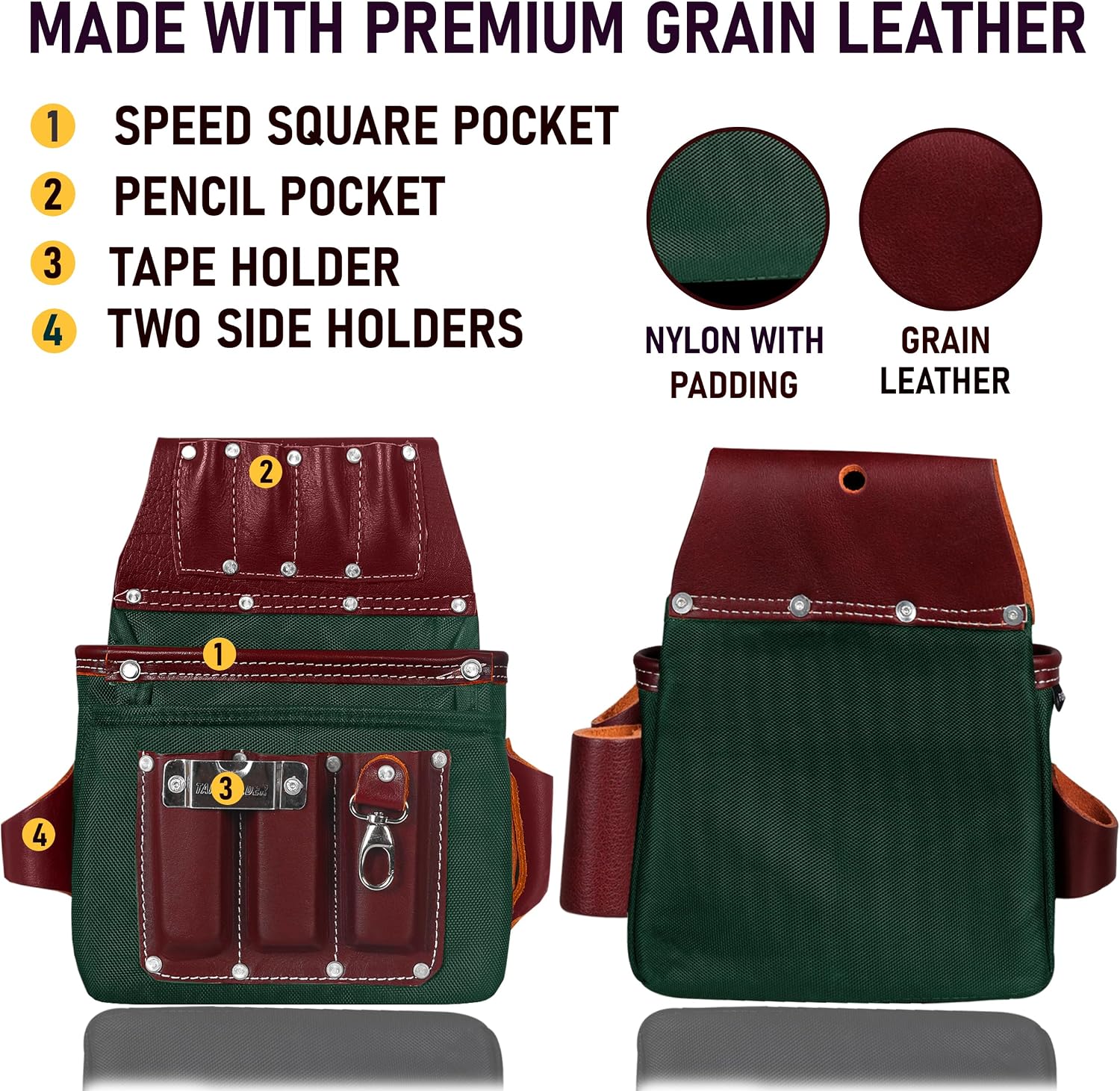 FUERI Electrician's Heavy Duty 26 Pocket Leather-Nylon Tool Belt & Bag Combo for Men, Comfort Back Support Padded Belt, 2 Large Storage Capacity Pouches, Best for Framers, Carpenter, Roofing