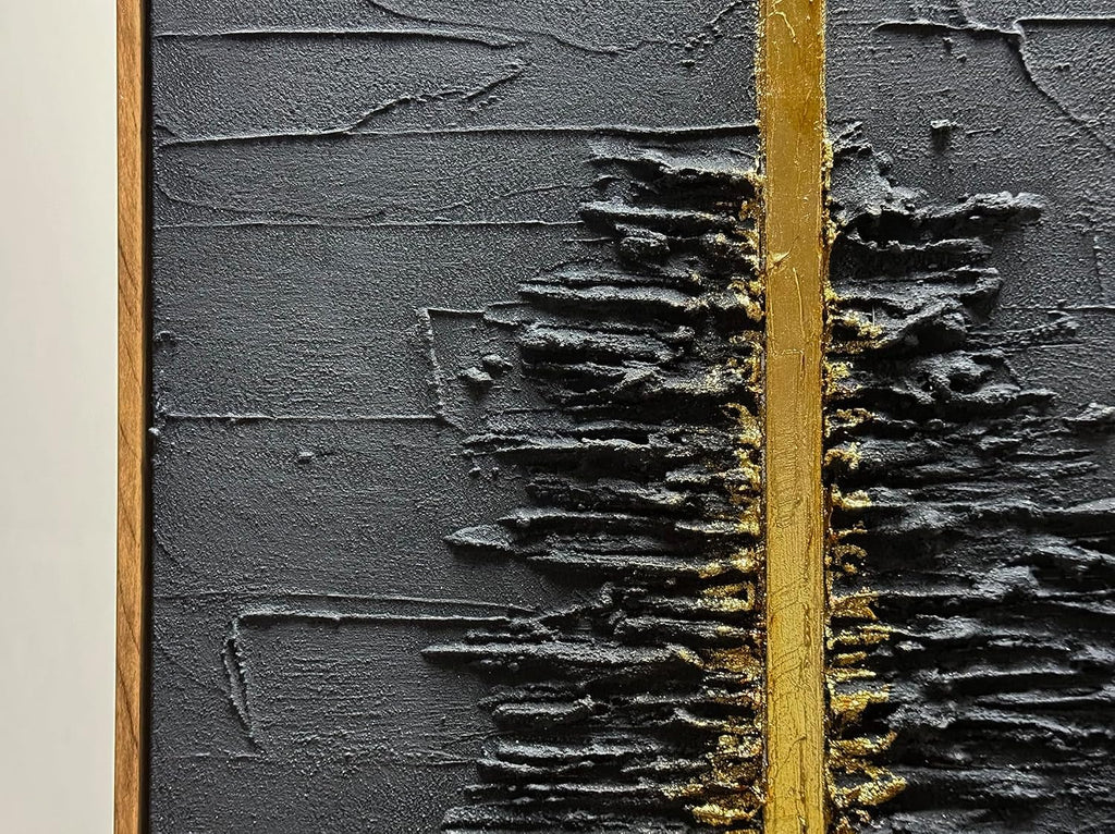 Boiee Art,24x36Inch Framed Hand Painted Abstract Artwork Textured Vertical Wall Art in Dark Charcoal Grey Gold Acrylic Painting
