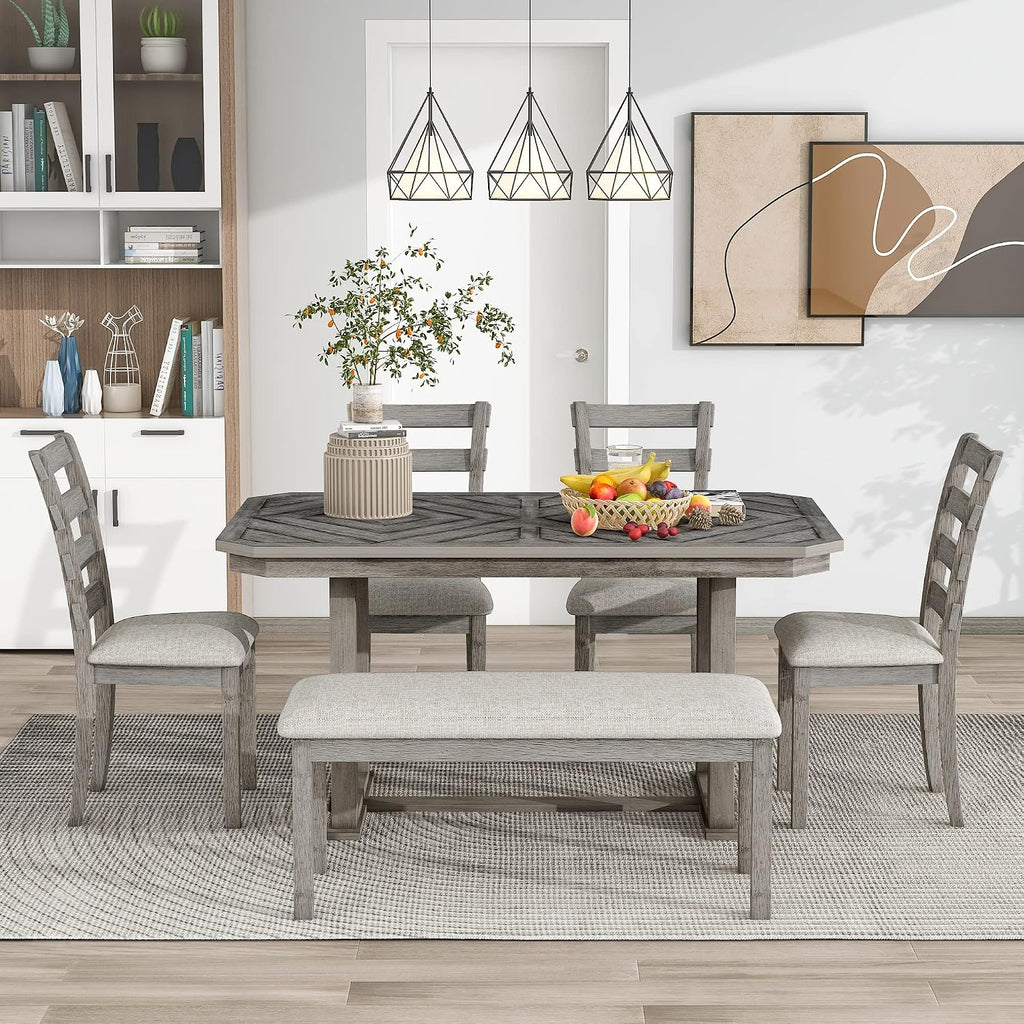 Solid Wood 6-Piece Dining Room Table Set with Beautiful Wood Grain Pattern Tabletop, Rustic Style Kitchen Dining Table Set with 4 Padded Ergonomic Chairs & a Bench (Gray-Grain)