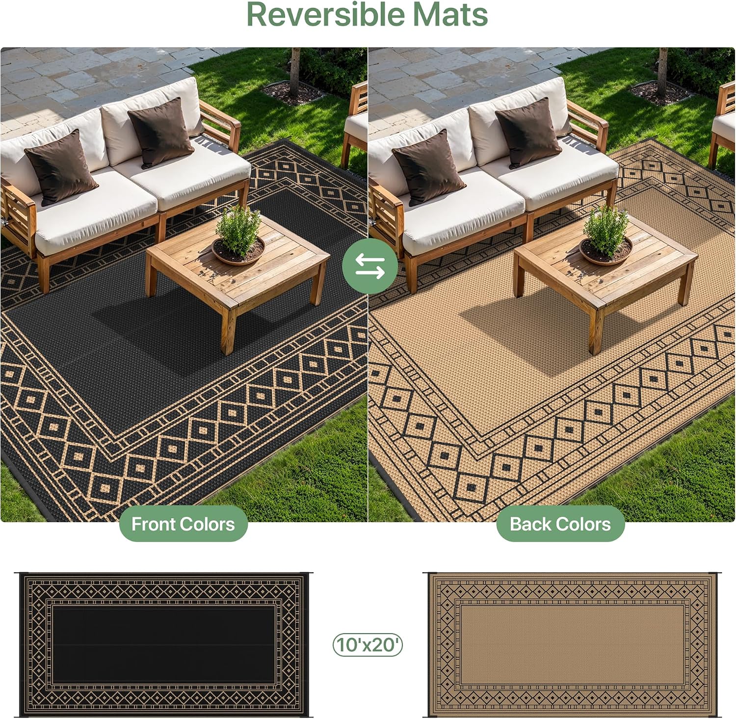 GENIMO Outdoor Rug Waterproof for Patio Decor, 10'x20' Foldable Reversible Plastic Straw Carpet, Outside Area Mat for Rv, Deck, Picnic, Porch, Camper, Balcony, Beach, Black & Brown