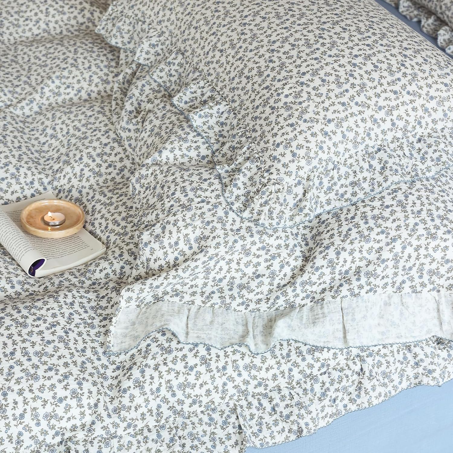 BuLuTu Blue Floral Print Duvet Cover King Size, Elegant Ruffles Bedding Set 3 Pieces, 100% Cotton Muslin Comforter Cover with 2 Pillowcases Soft Lightweight King Bed Set, Machine Wash
