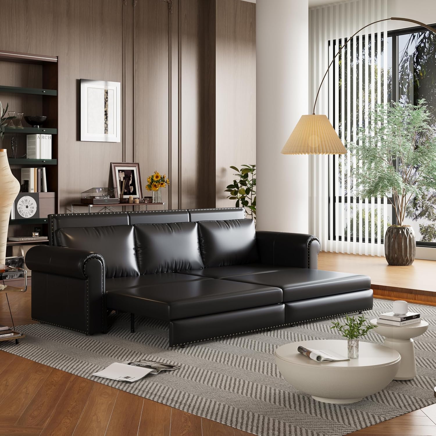93.7' Pull Out Sofa Bed King Size with Pillows,3-in-1 Convertible Sleeper Couch with Nails Trim,PU Leather 3 Seater Sofabed for Living Room,Black