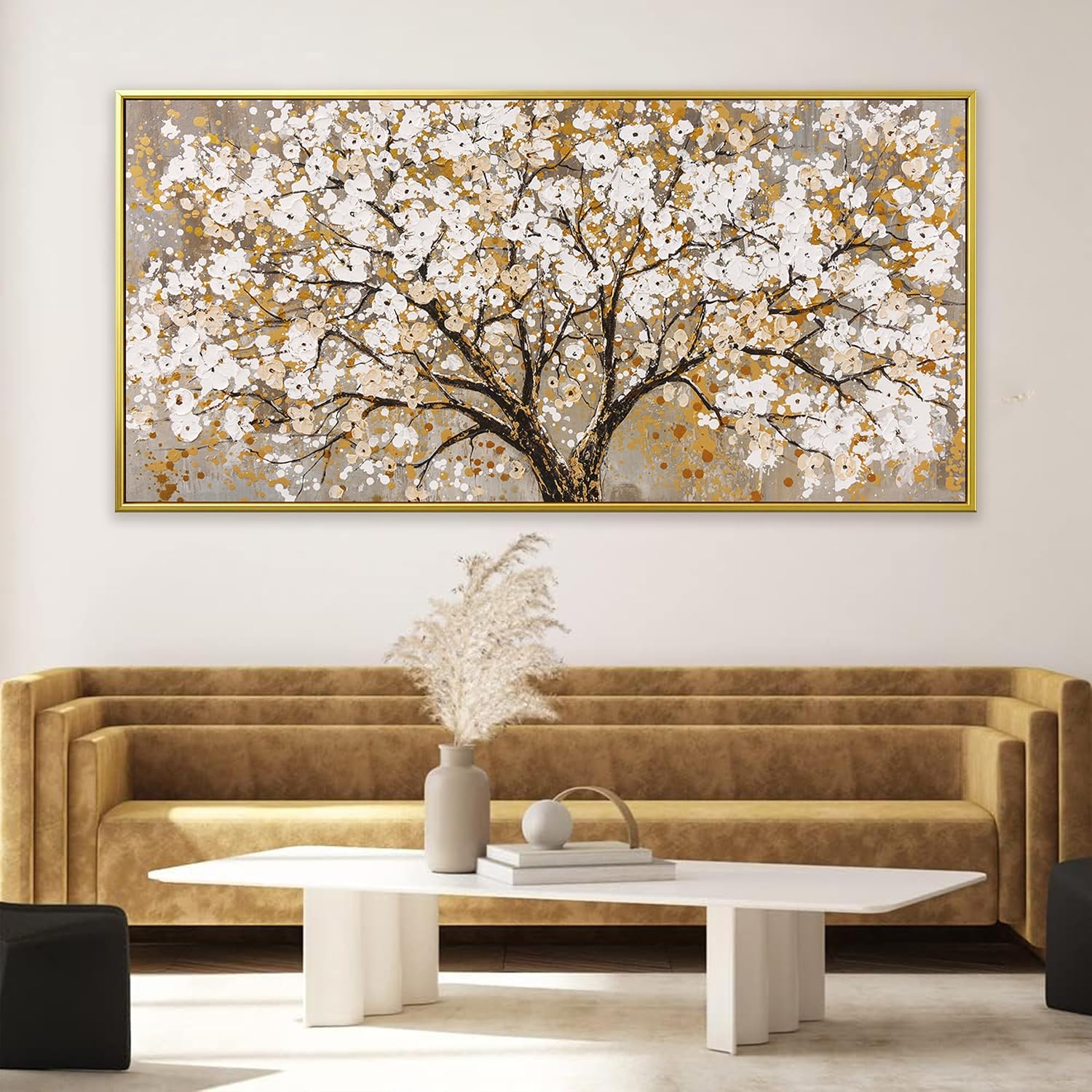 Large Gold Framed Wall Art Print Gold Abstract Tree Of Life Framed Modern Artwork Canvas Painting Gold Tree Pictures Home Decor Ready To Hang For Bedroom Living Room 29' X 58'
