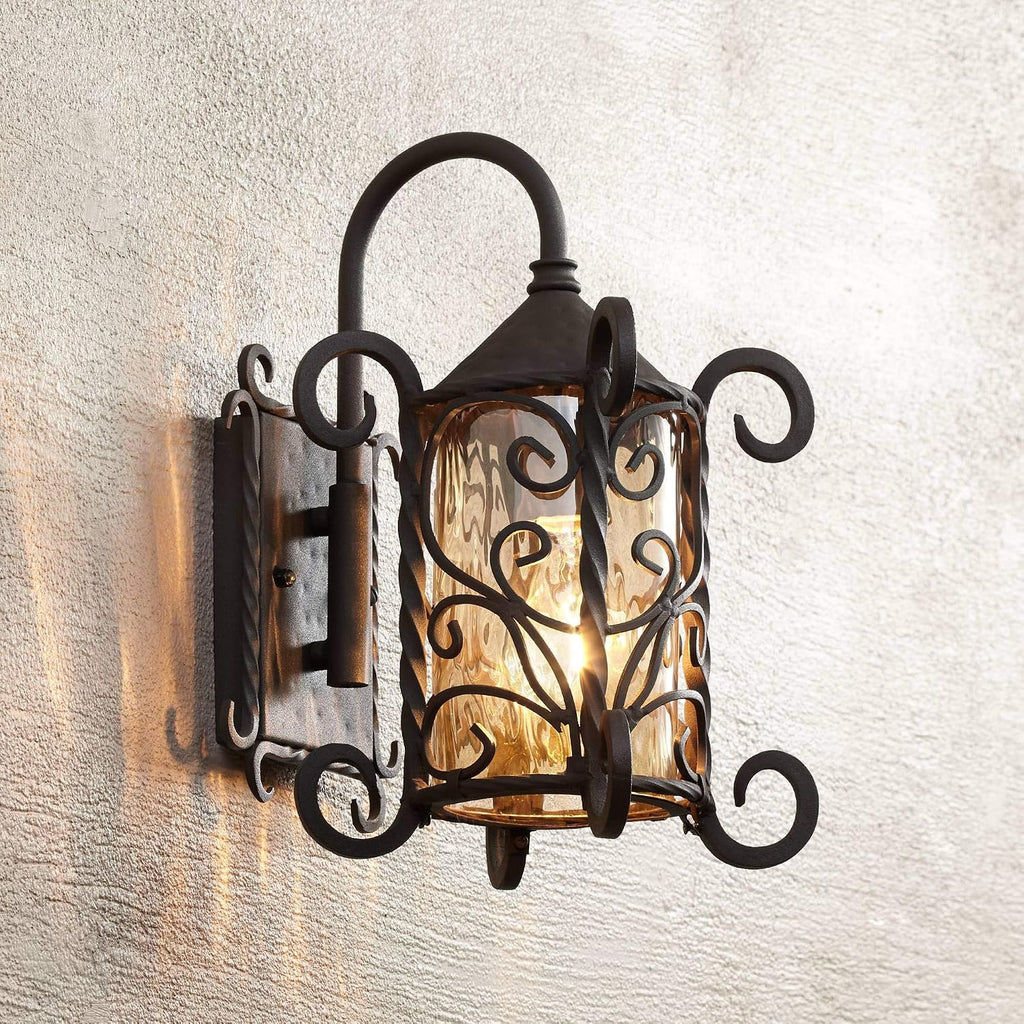 John Timberland Casa Seville Rustic Outdoor Wall Light Fixture Dark Walnut Scroll 13 1/4' Champagne Hammered Glass for Exterior House Porch Patio Outside Deck Garage Yard Front Door Garden Home