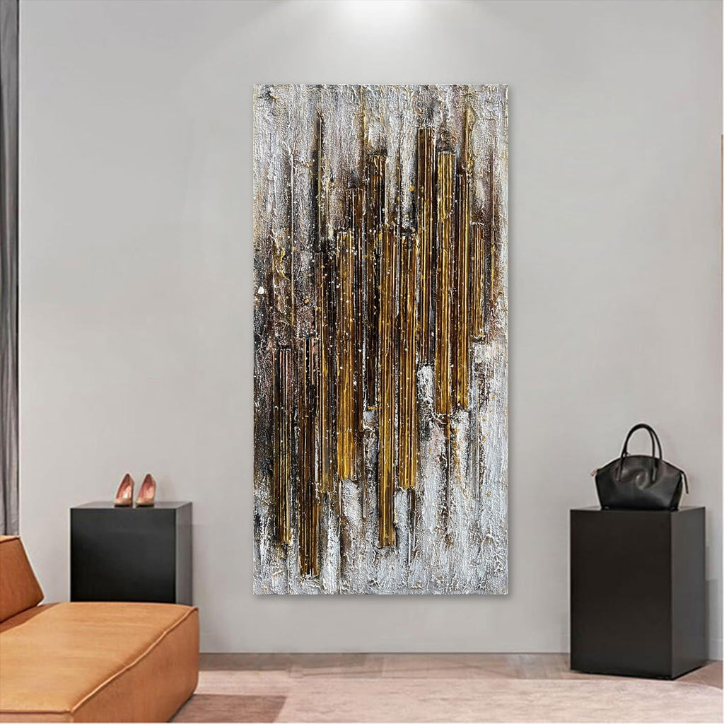 Hand Painted 24x48 inch White and Gold Abstract Wall Decoration Oil Painting Thick Texture Minimalist Art