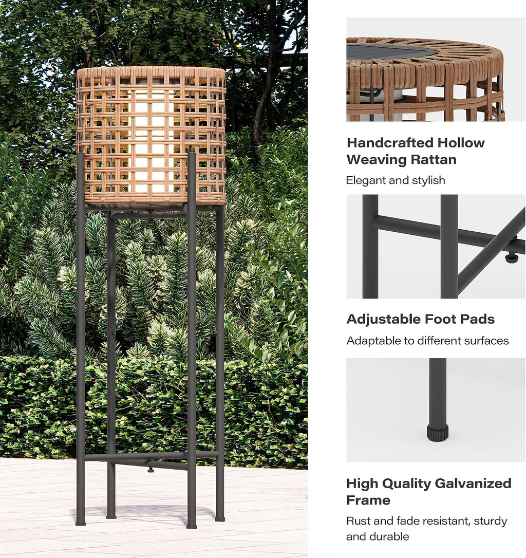 LAUSAINT HOME Solar Powered Outdoor Floor Lamp with Auto On/Off LED Light, Waterproof Wicker Patio Floor Lights, Boho Rattan Floor Lantern (1 Floor Lamp & 2 Desk Lamp)