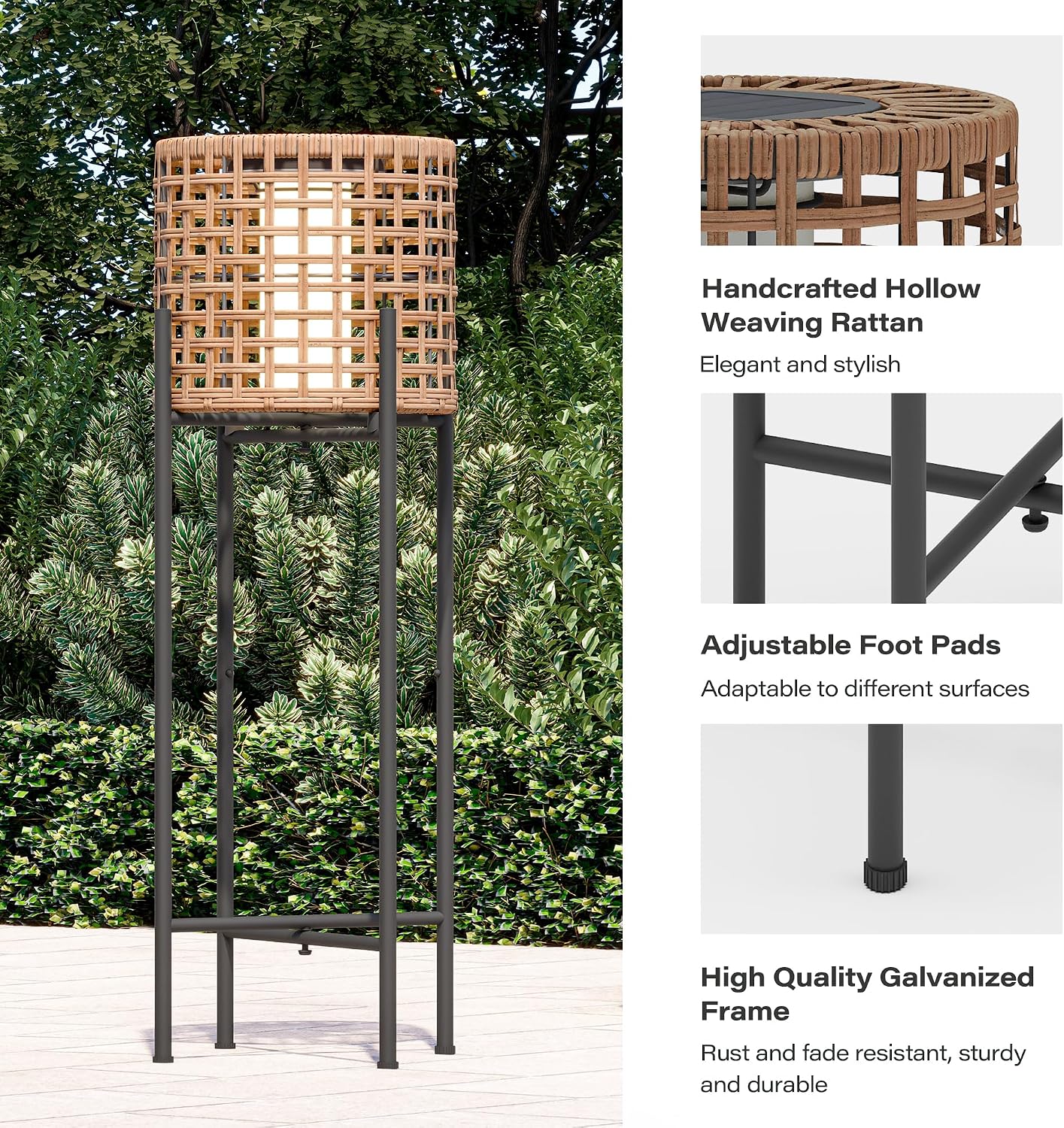 LAUSAINT HOME Solar Powered Outdoor Floor Lamp with Auto On/Off LED Light, Waterproof Wicker Patio Floor Lights, Boho Rattan Floor Lantern (1 Floor Lamp & 2 Desk Lamp)