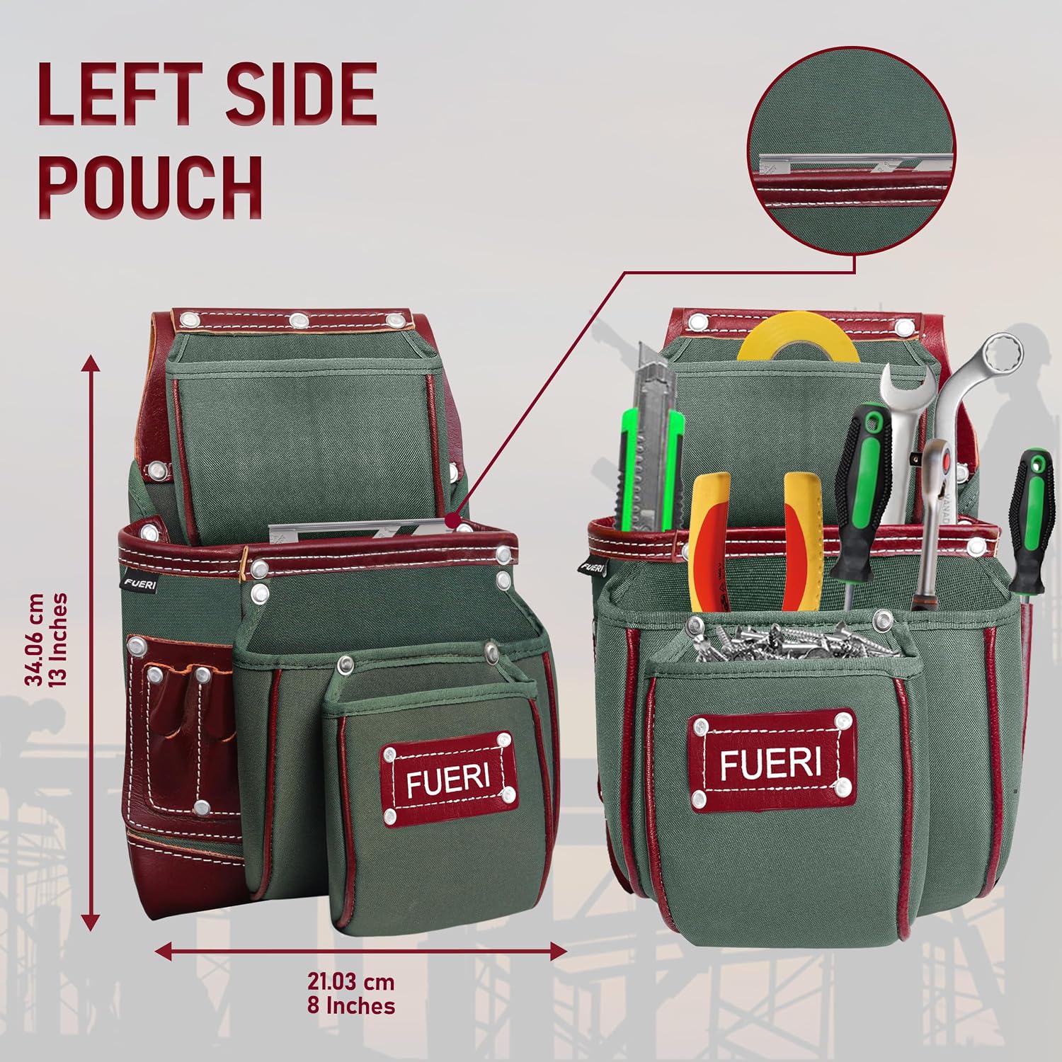 FUERI Tool Belt for Men made with Heavy Duty 1680-D Double Layer Nylon & Grain Leather comes with Adjustable Padded Belt, 19 Pockets pouches, and a Hammer Holder | Carpenters, Framers, Construction