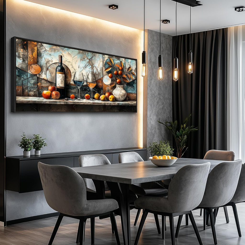XIGUANGART Kitchen Pictures Wall Decor,Extra Large Framed Wall Art,Fruit Harvest Still Life Wall Art For Dining Room Vintage Picture Artwork Wine Glass Painting Pub Living Room Home Decor 32x72 In