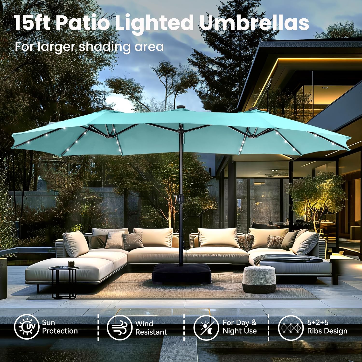 PHI VILLA 15ft Large Patio Umbrella with Solar Lights, Double-Sided Outdoor Market Rectangle Umbrellas with 36 LED Lights, Umbrella Base (Stand) Included, Turquois