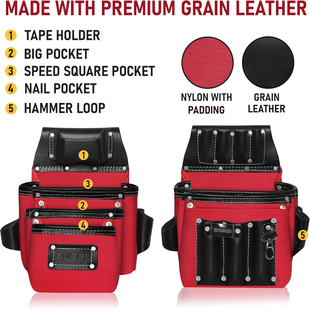 FUERI Heavy Duty 26 Pocket Tool Belt for Men | Premium Grain Black Leather & Red Nylon Carpenter Tool Belt With 2 Large Pouches, Hammer Holder, Suspender Loops & Padded Belt, Ideal for Electricians