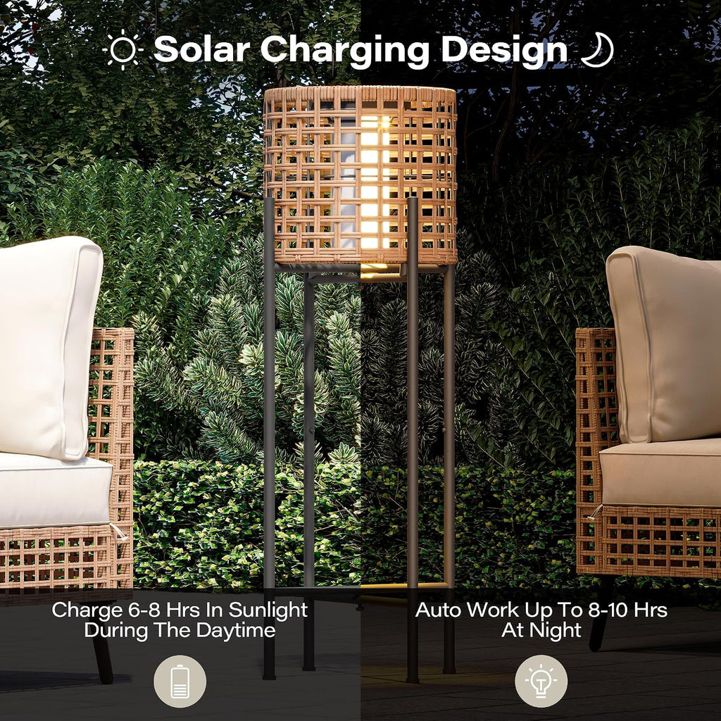 LAUSAINT HOME Solar Powered Outdoor Floor Lamp with Auto On/Off LED Light, Waterproof Wicker Patio Floor Lights, Boho Rattan Floor Lantern (1 Floor Lamp & 2 Desk Lamp)