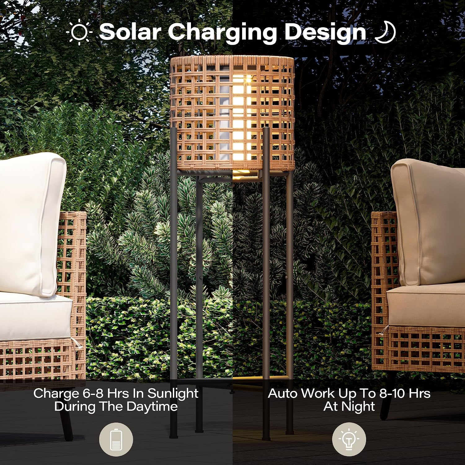 LAUSAINT HOME Solar Powered Outdoor Floor Lamp with Auto On/Off LED Light, Waterproof Wicker Patio Floor Lights, Boho Rattan Floor Lantern (1 Floor Lamp & 2 Desk Lamp)