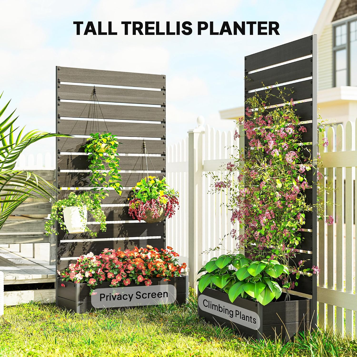 Outsunny Raised Garden Bed with Trellis for Climbing Plants, Planter Box with Self Draining Gap, Freestanding Trellis Planter for Outdoor, Patio, Deck, 35.75' x 15' x 70.75', Black