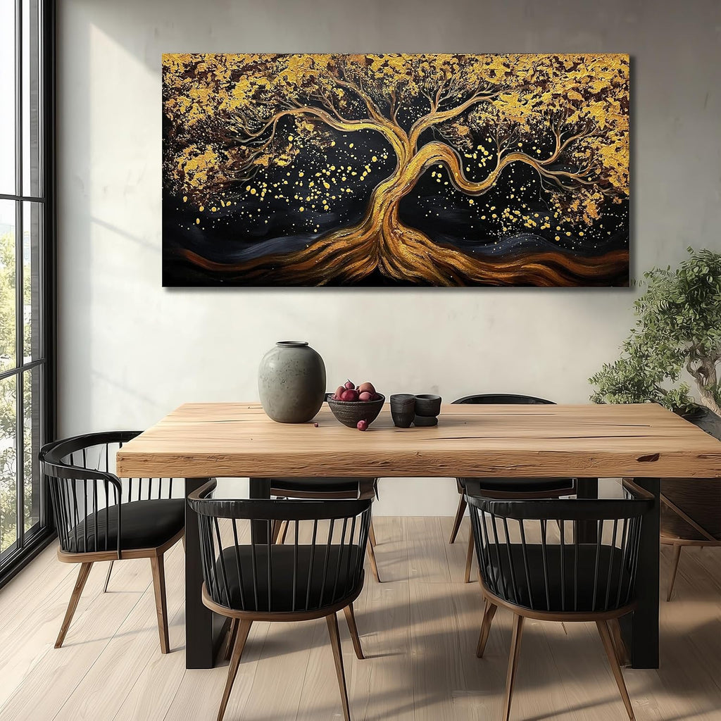 JKWALL77 Tree Of Life Hand Painting Wall Decor For Living Room Black And Gold Wall Decor For Office Tree Huge Canvas Wall Art For Bedroom Size 36 x 72 Inch