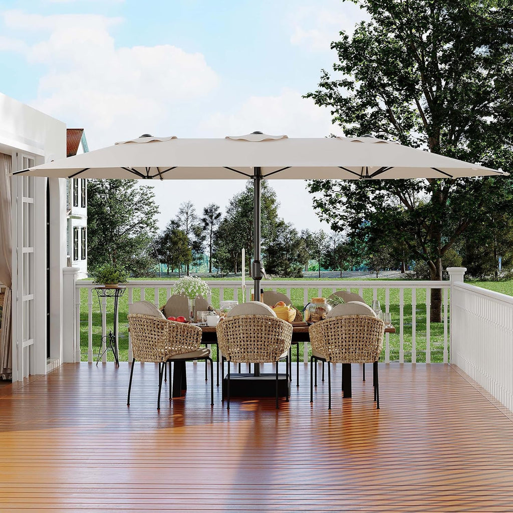 Garvee 15 ft Rectangular Patio Umbrella with Base Included - Large Patio Umbrella with Crank Handle, UV Protection for Outdoor Market, Backyard, Pool - Beige