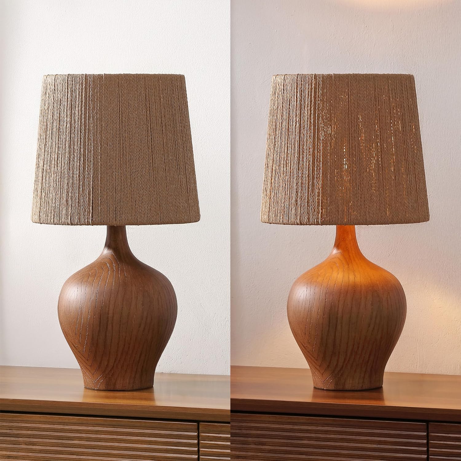 JONATHAN Y 23' Brown Wood Finish Rustic Farmhouse Resin Gourd LED Table Lamp for Bedroom, Living Room, Nightstand, with Brown Paper Rope Shade, LED Bulb Included JYL9200A