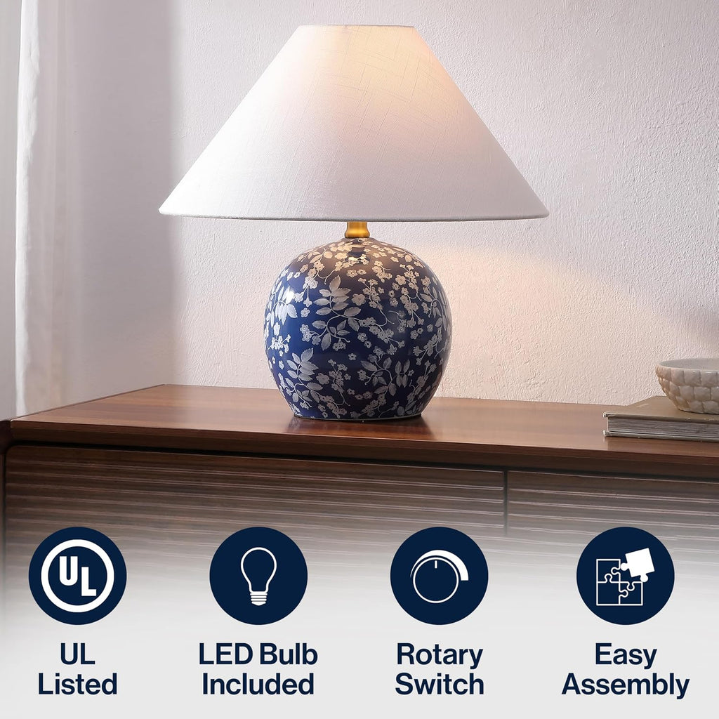 JONATHAN Y 17.25' Blue/White Modern Cottage Floral Ceramic Globe Table Lamp for Bedroom, White Linen Shade, LED Bulb Included, French Country Home Decor JYL5508A