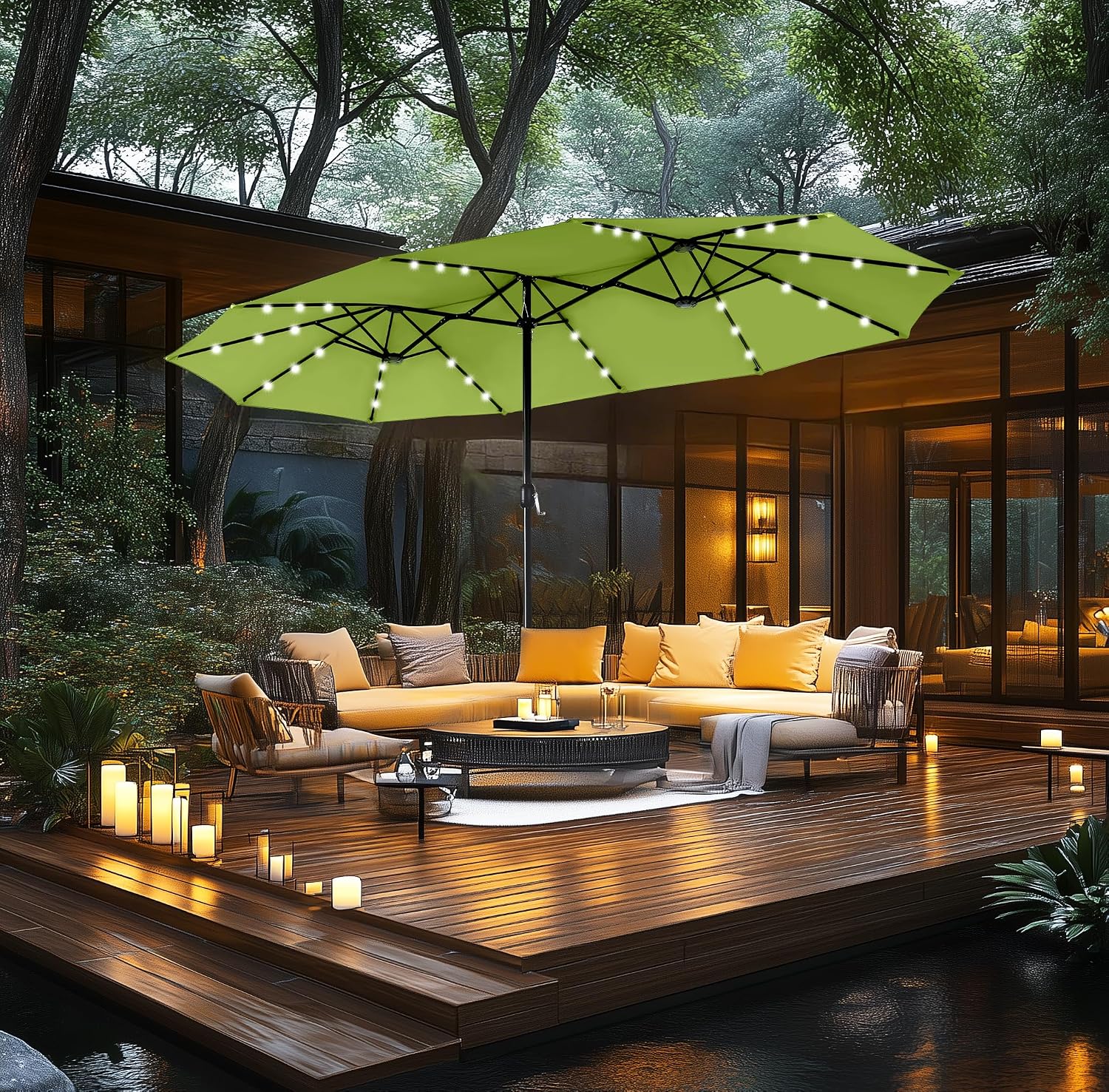 MFSTUDIO 15ft Double Sided Patio Umbrella with Solar Lights, Outdoor Large Umbrellas with Crank Handle and 36 LED Lights, Rectangular Market Umbrella with Base Included for Deck Pool Shade, Lime Green