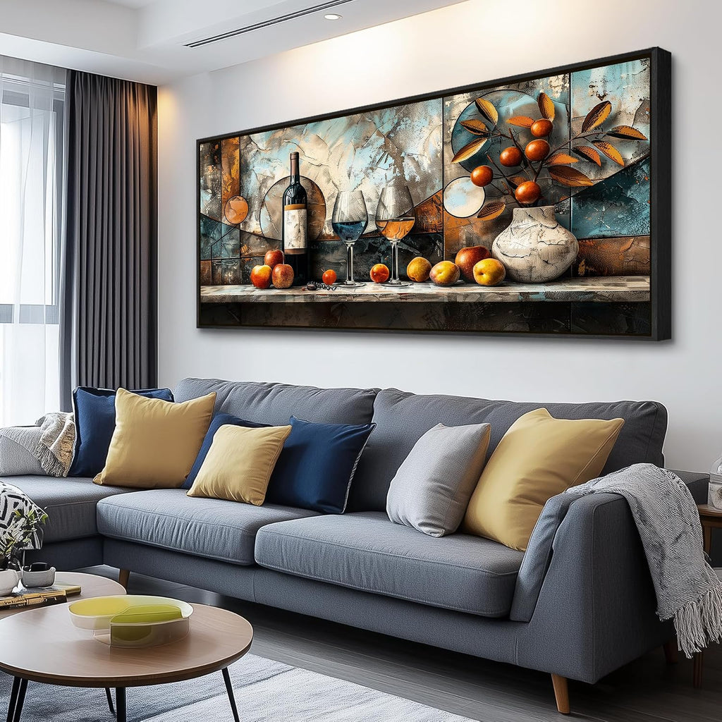 XIGUANGART Kitchen Pictures Wall Decor,Extra Large Framed Wall Art,Fruit Harvest Still Life Wall Art For Dining Room Vintage Picture Artwork Wine Glass Painting Pub Living Room Home Decor 32x72 In