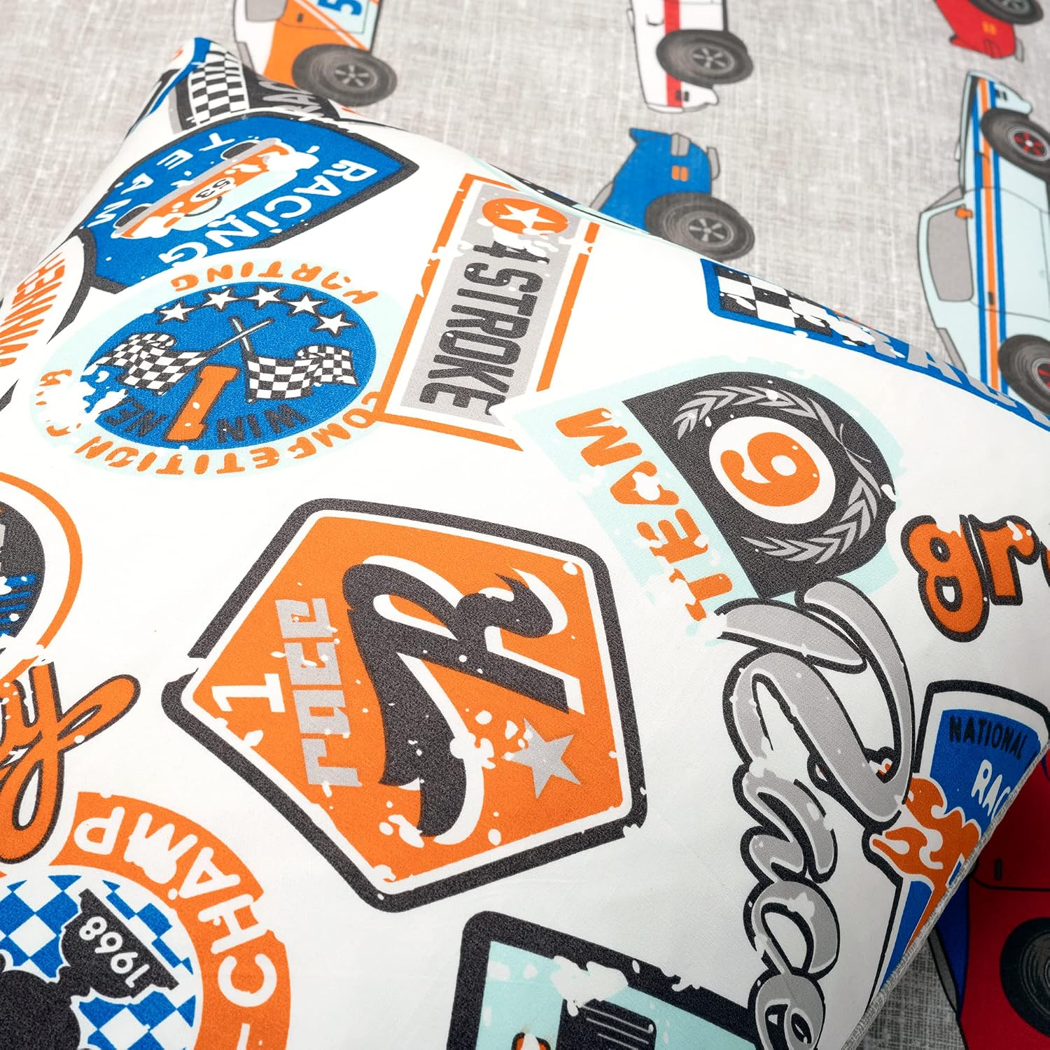 Lush Decor Race Cars Reversible Oversized With Printed Sheet 7 Piece Comforter Set, Full, Blue & Orange