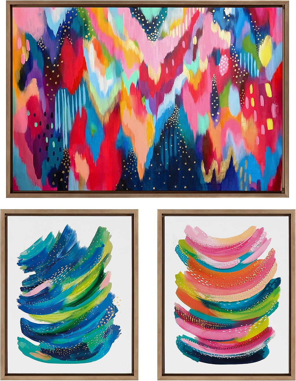 Kate and Laurel Sylvie Brushstroke 100, Bright Abstract and 2 Framed Canvas Wall Art Set by Jessi Raulet of Ettavee, 3 Piece Set, 16x20 and 23x33, Gold Frame, Colorful Striking Wall Art, Home Décor