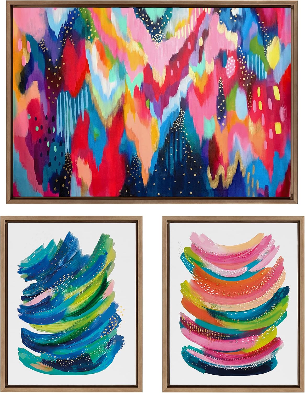 Kate and Laurel Sylvie Brushstroke 100, Bright Abstract and 2 Framed Canvas Wall Art Set by Jessi Raulet of Ettavee, 3 Piece Set, 16x20 and 23x33, Gold Frame, Colorful Striking Wall Art, Home Décor