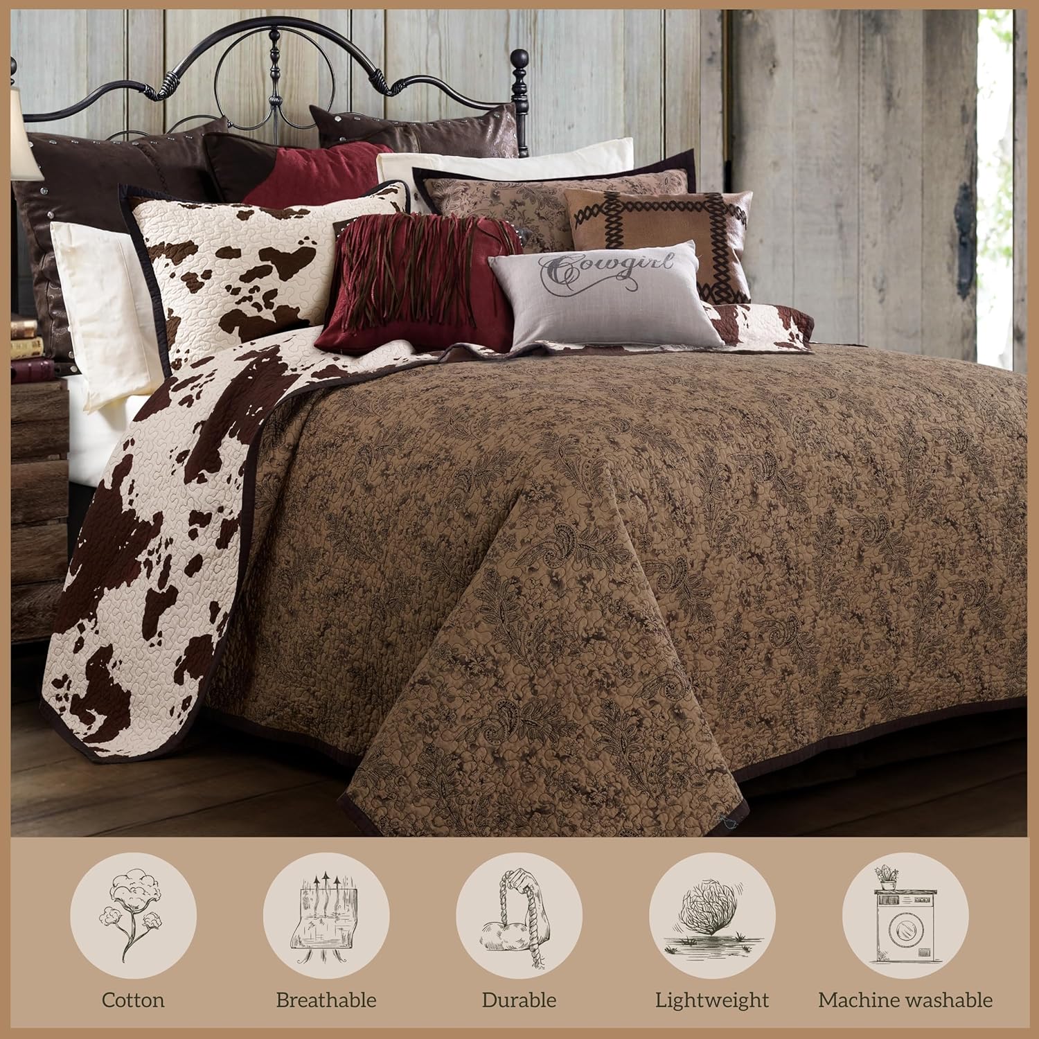 Paseo Road Elsa Queen Cotton Quilt Set, 3 Piece Western Bedding Set with Pillow Shams, Brown Cow Print Reversible Quilt, Soft Cozy Rustic Farmhouse Bedding, Lightweight Quilt, Southwestern Bedding