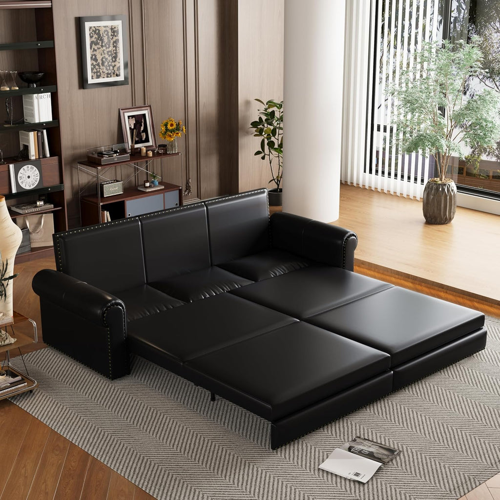93.7' Pull Out Sofa Bed King Size with Pillows,3-in-1 Convertible Sleeper Couch with Nails Trim,PU Leather 3 Seater Sofabed for Living Room,Black