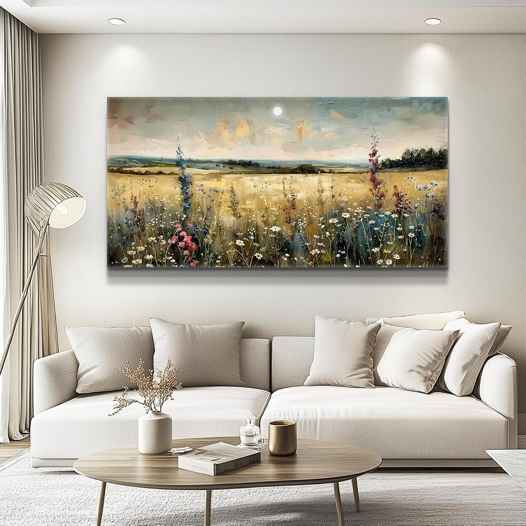 KELIYUAN Large Vintage Natural Field Landscape Painting Home Decor Farmhouse Vintage Meadow Wildflowers Modern Printed Artwork Living Room Decor Bedroom Office Can Be Hung Directly 30 X 60 Inches
