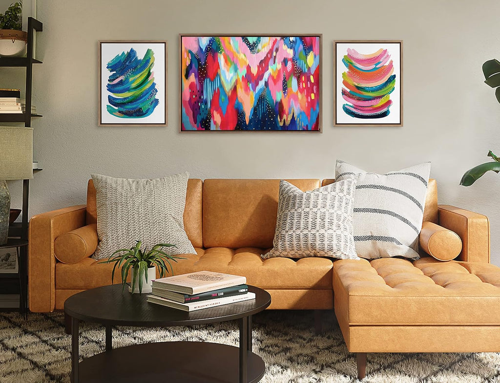 Kate and Laurel Sylvie Brushstroke 100, Bright Abstract and 2 Framed Canvas Wall Art Set by Jessi Raulet of Ettavee, 3 Piece Set, 16x20 and 23x33, Gold Frame, Colorful Striking Wall Art, Home Décor