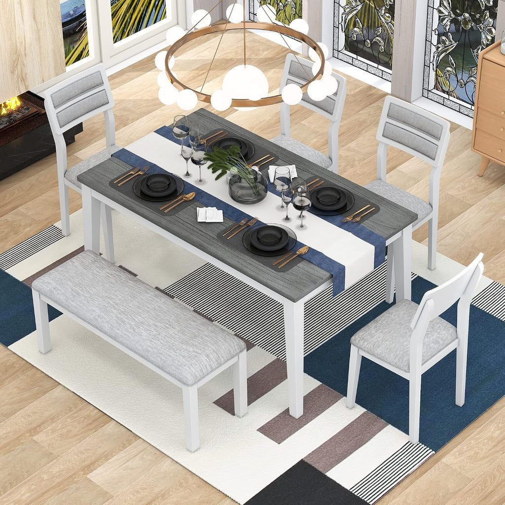 Rustic Farmhouse 6-Piece Kitchen Dining Table Set, Solid Wood Dining Room Set of 6, Classic 60'' Rectangular Table with 4 Upholstered Padded Chairs and Bench (White-3)