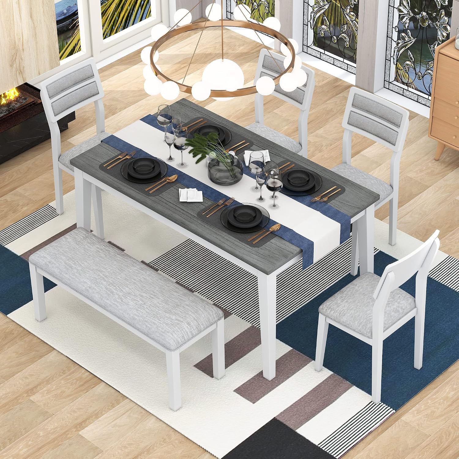 Rustic Farmhouse 6-Piece Kitchen Dining Table Set, Solid Wood Dining Room Set of 6, Classic 60'' Rectangular Table with 4 Upholstered Padded Chairs and Bench (White-3)