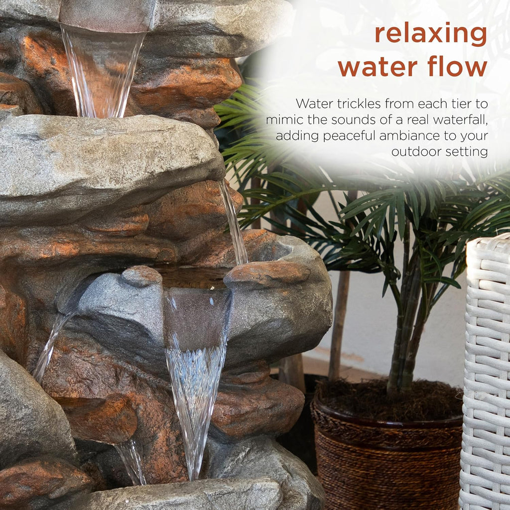 Alpine Corporation | 40' 4-Tier Rock Floor Fountain with Cascading Water & White LED Lights, Tranquil Outdoor Water Feature for Garden, Patio, Yard & Deck, Light Gray