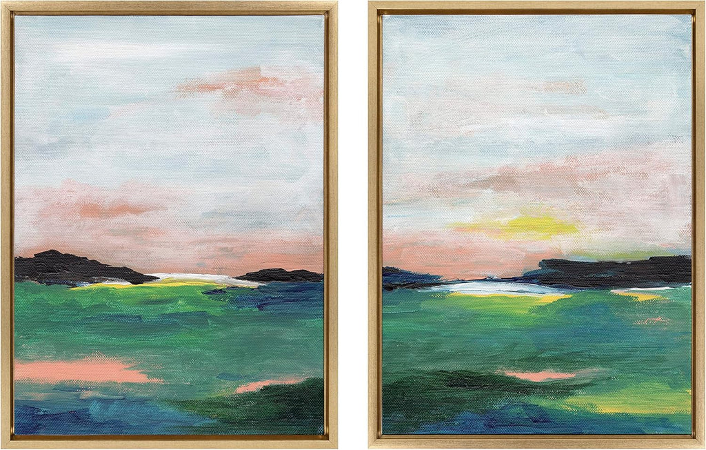 Kate and Laurel Sylvie Golden Peach Coast l and II Framed Canvas Wall Art Set by Nikita Jariwala, 2 Piece Set 18x24 Gold, Soft Abstract Prairie Landscape Art for Wall Decor