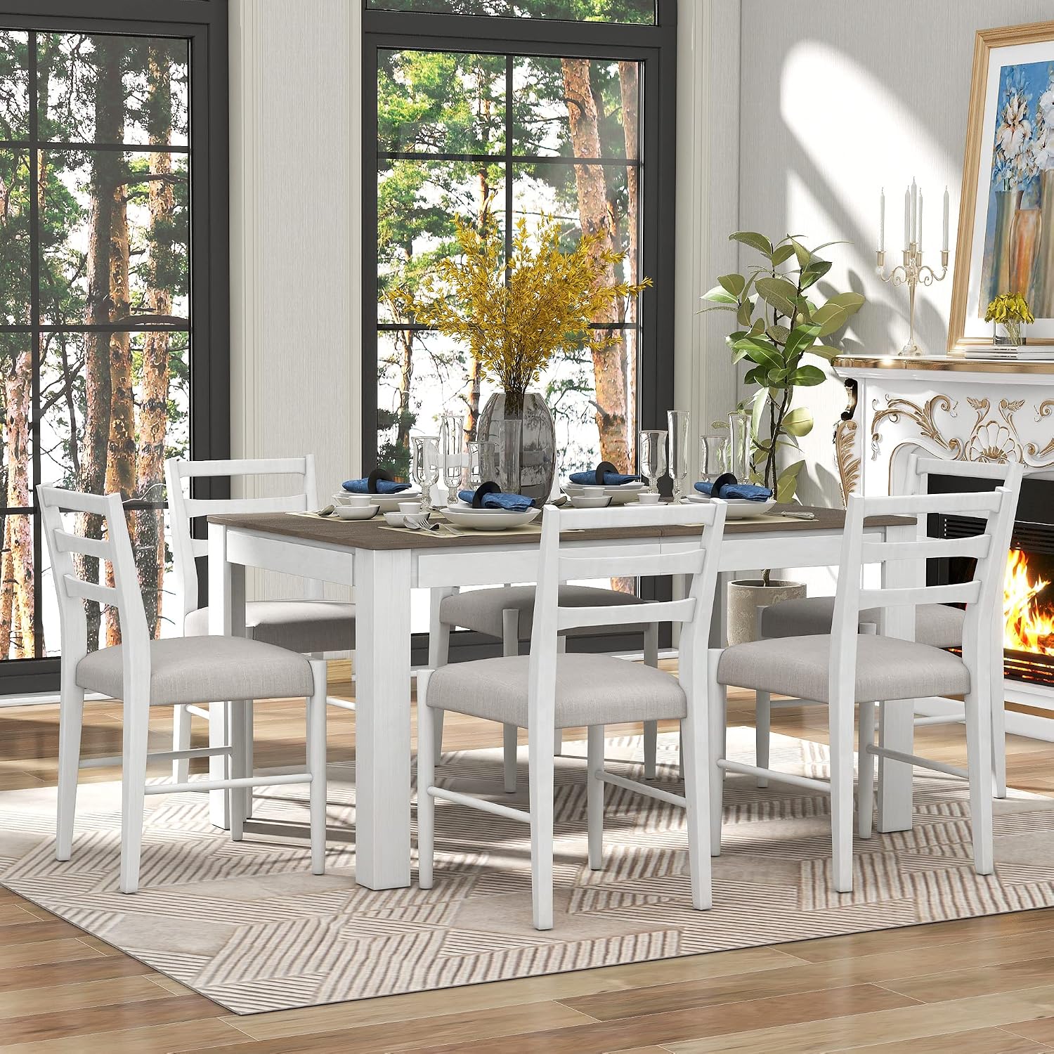 Farmhouse 7-Piece Kitchen Dining Table Set, Solid Wood Rectangle Extendable Table with 12' Leaf and 2 Drawers, 6 Dining Chairs with Soft Cushion, Dining Table Set for 6 Persons (Brown+White FR)