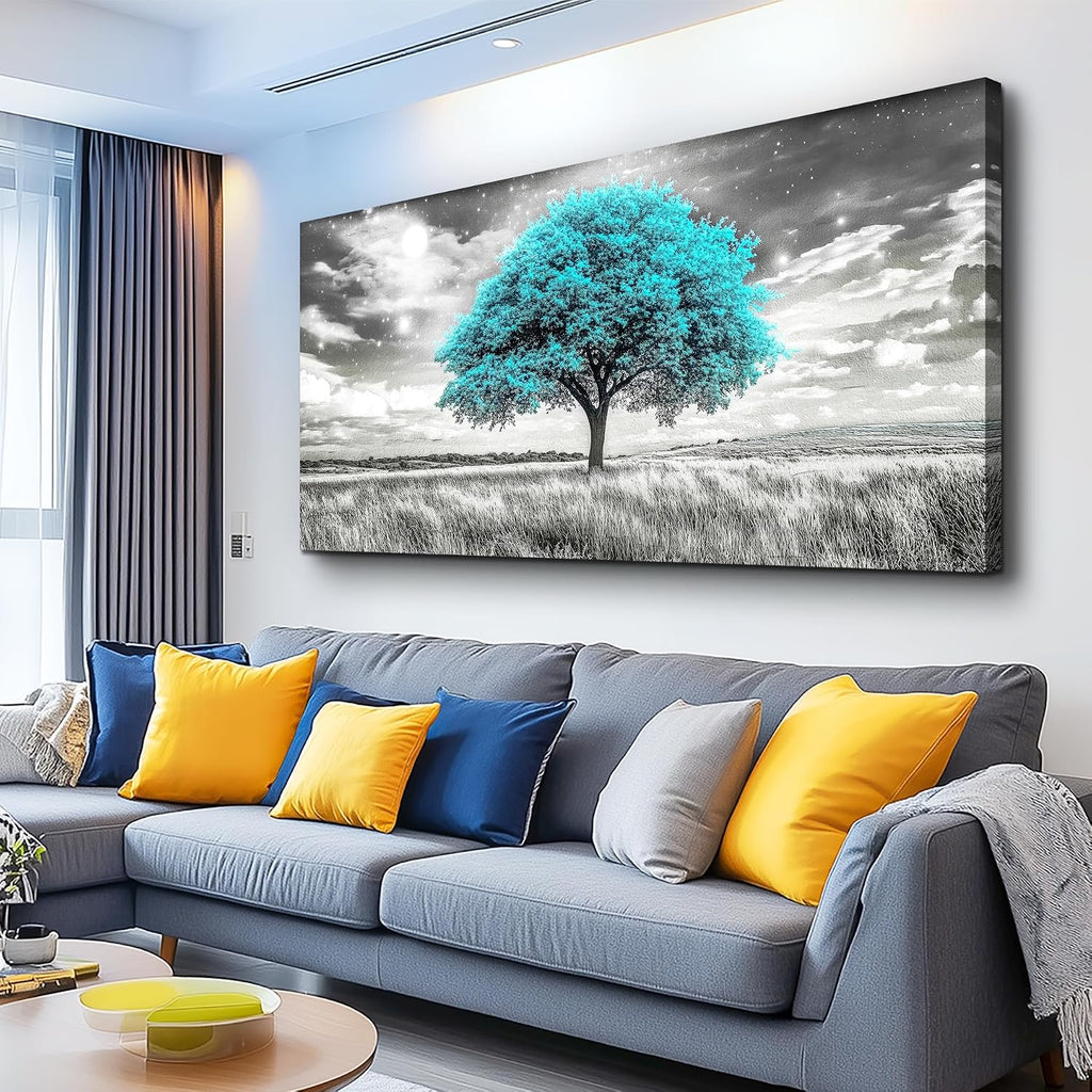 KELIYUAN Large Canvas Wall Art For Living Room Wall Decor For Bedroom Corridor Blue Tree Natural Scenery Full Of Stars Black And White Modern Printing Dining Room Kitchen Home Decoration 30 'X 60'