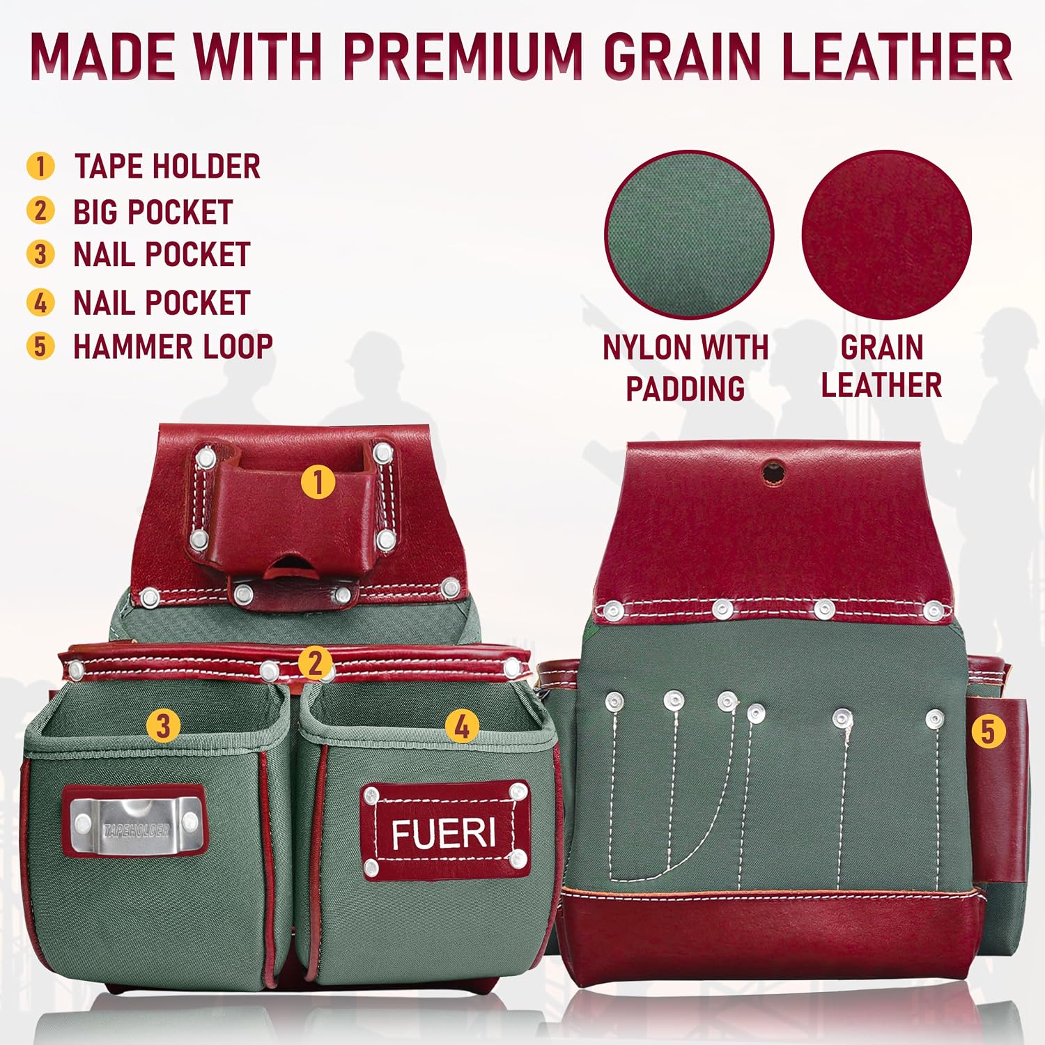 FUERI Tool Belt for Men made with Heavy Duty 1680-D Double Layer Nylon & Grain Leather comes with Adjustable Padded Belt, 19 Pockets pouches, and a Hammer Holder | Carpenters, Framers, Construction