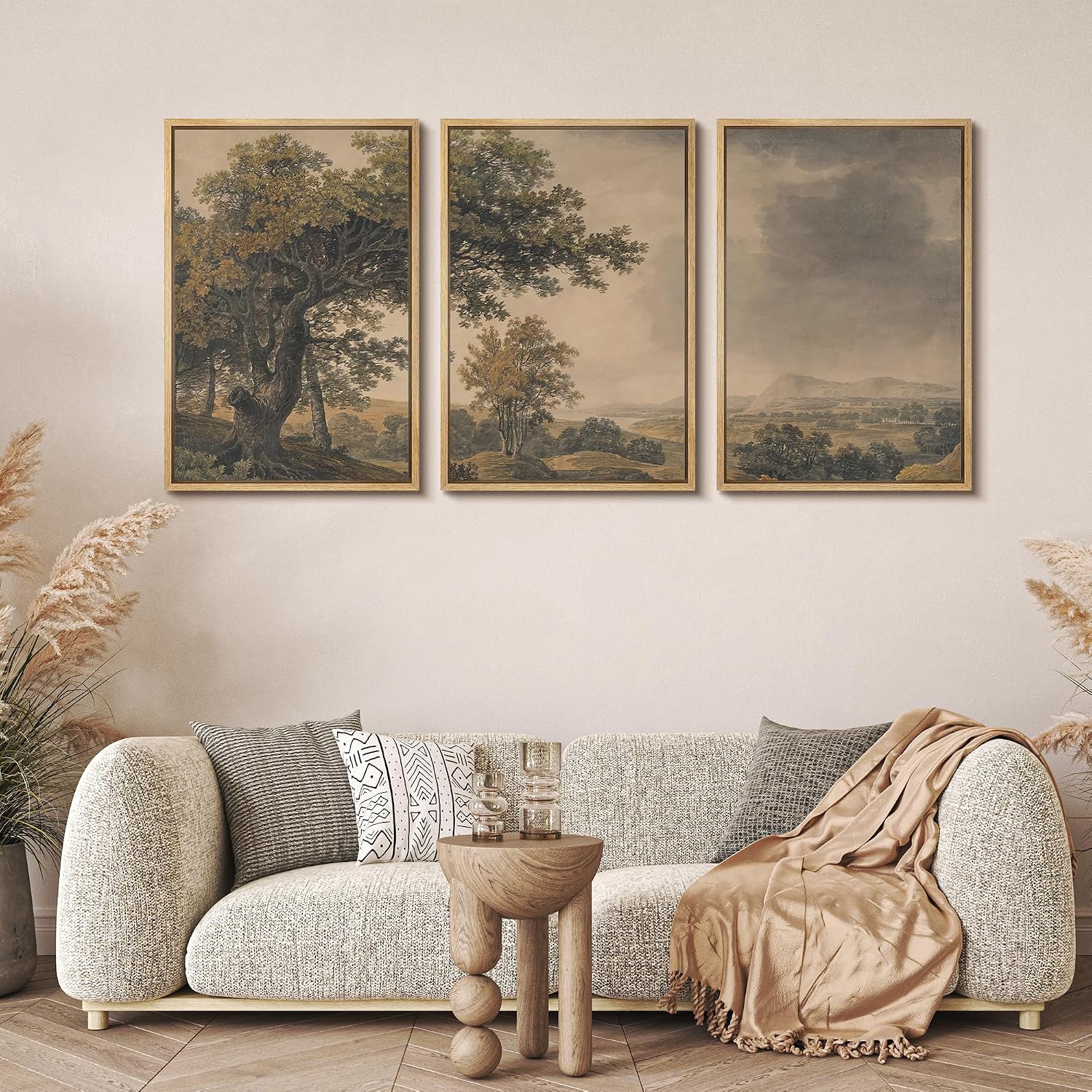 MUDECOR Framed Wall Art Print Set Vintage Landscape Rustic Tree and Mountain View Illustrations Decorative Colorful for Living Room, Bedroom, Office - 16'x24'x3 Natural