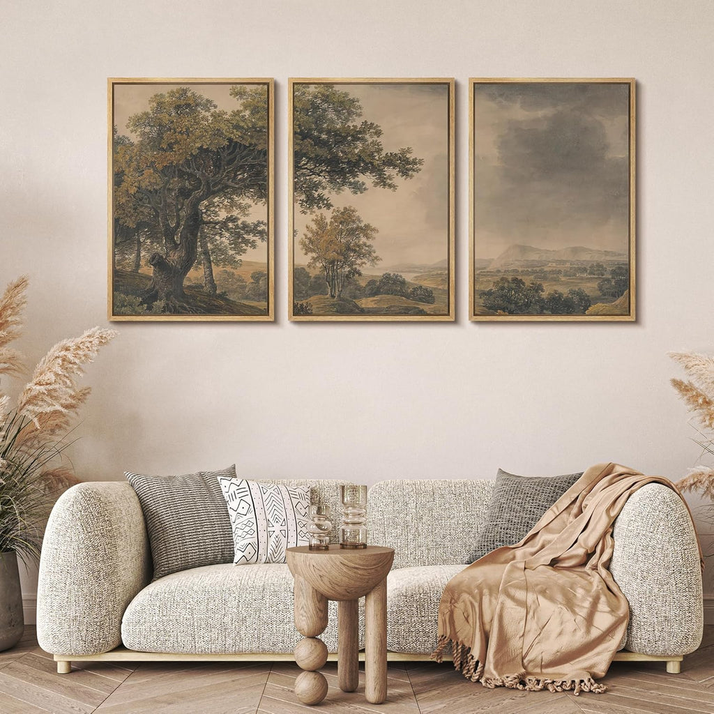 MUDECOR Framed Wall Art Print Set Vintage Landscape Rustic Tree and Mountain View Illustrations Decorative Colorful for Living Room, Bedroom, Office - 24'x36'x3 Natural
