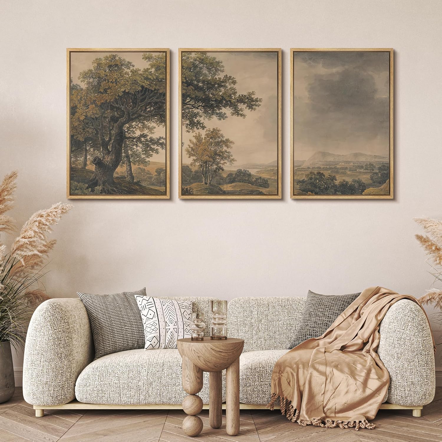 MUDECOR Framed Wall Art Print Set Vintage Landscape Rustic Tree and Mountain View Illustrations Decorative Colorful for Living Room, Bedroom, Office - 24'x36'x3 Natural