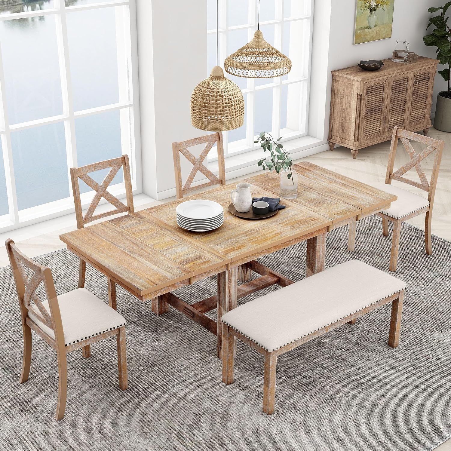 Farmhouse 6-Piece Extendable Dining Room Table Sets, Acacia Wood 82'' Dining Table with 2 Removable Leaf and Upholstered Dining Chairs& Bench, Soft Cushion with Rivet (Natural+Be)