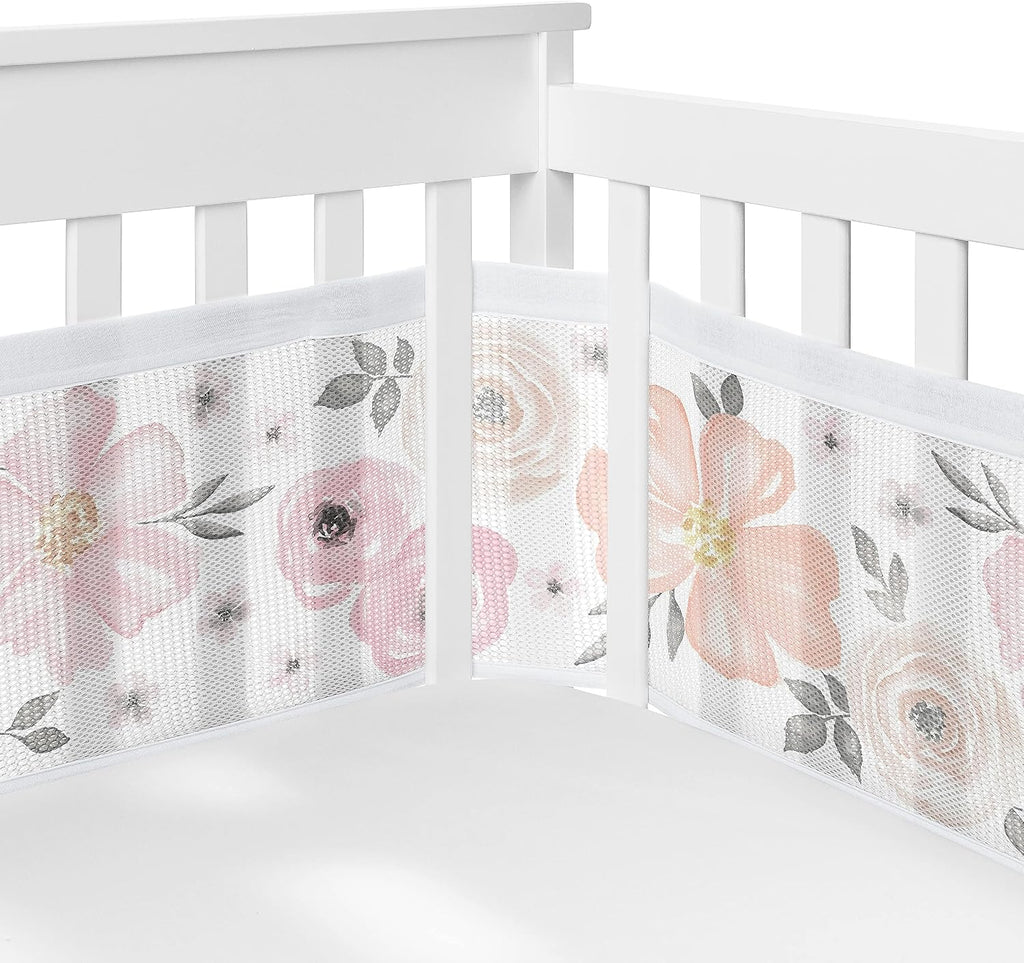 Sweet Jojo Designs 6-Piece Baby Crib Bedding Set (Pink/Grey Boho Floral) for Girls, Infants/Nursery incl. Blanket, Fitted Sheet, Skirt, BreathableBaby Breathable Mesh Crib Liner (Watercolor Polka Dot)