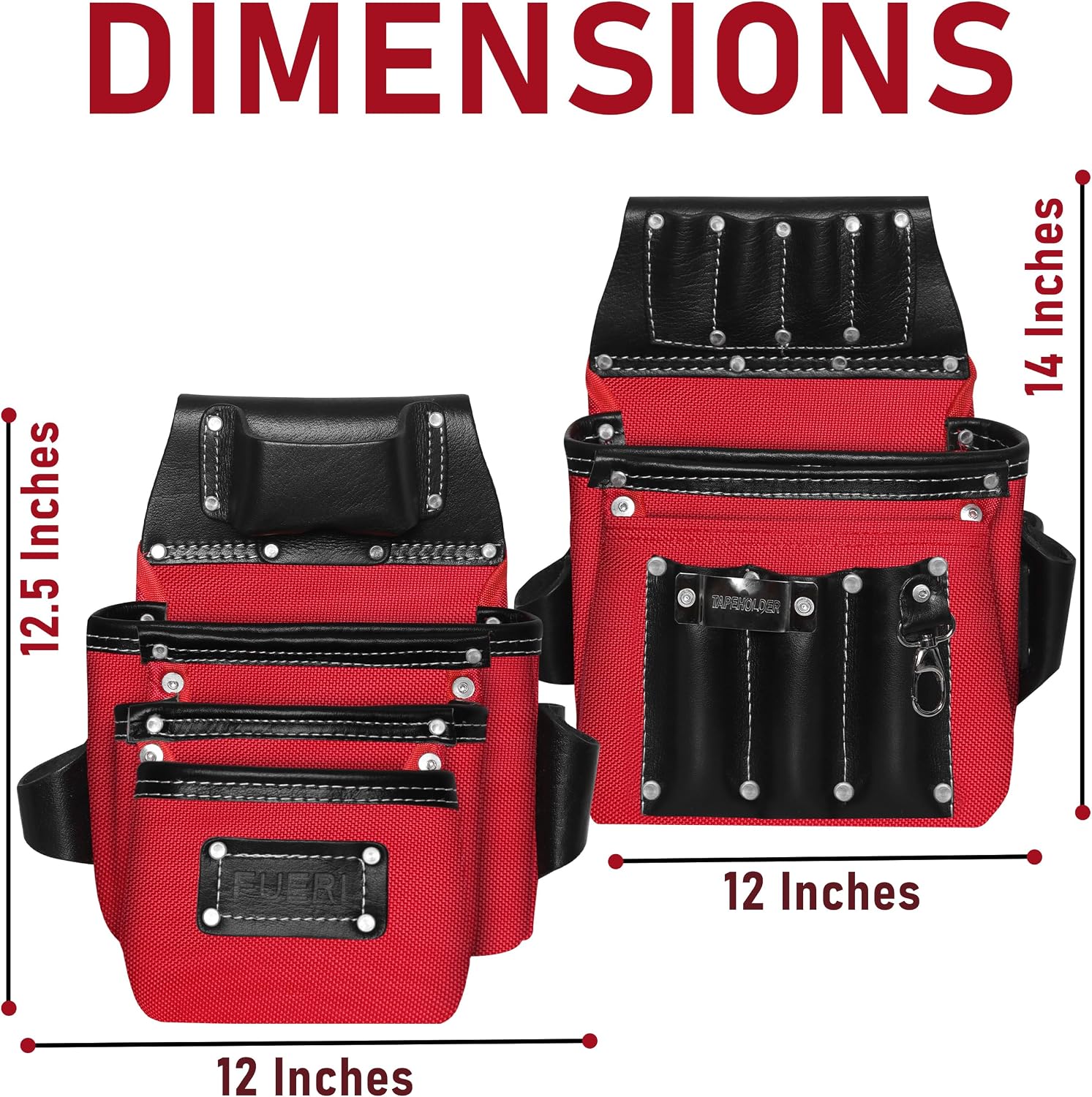 FUERI Heavy Duty 26 Pocket Tool Belt for Men | Premium Grain Black Leather & Red Nylon Carpenter Tool Belt With 2 Large Pouches, Hammer Holder, Suspender Loops & Padded Belt, Ideal for Electricians