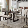 Retro 6-Piece Kitchen Dining Table Set with Comfortable Upholstery Chairs and Bench, Solid Wood Dining Table with Special-Shaped Legs, Suitable for Family Use (Espresso-Comfort)