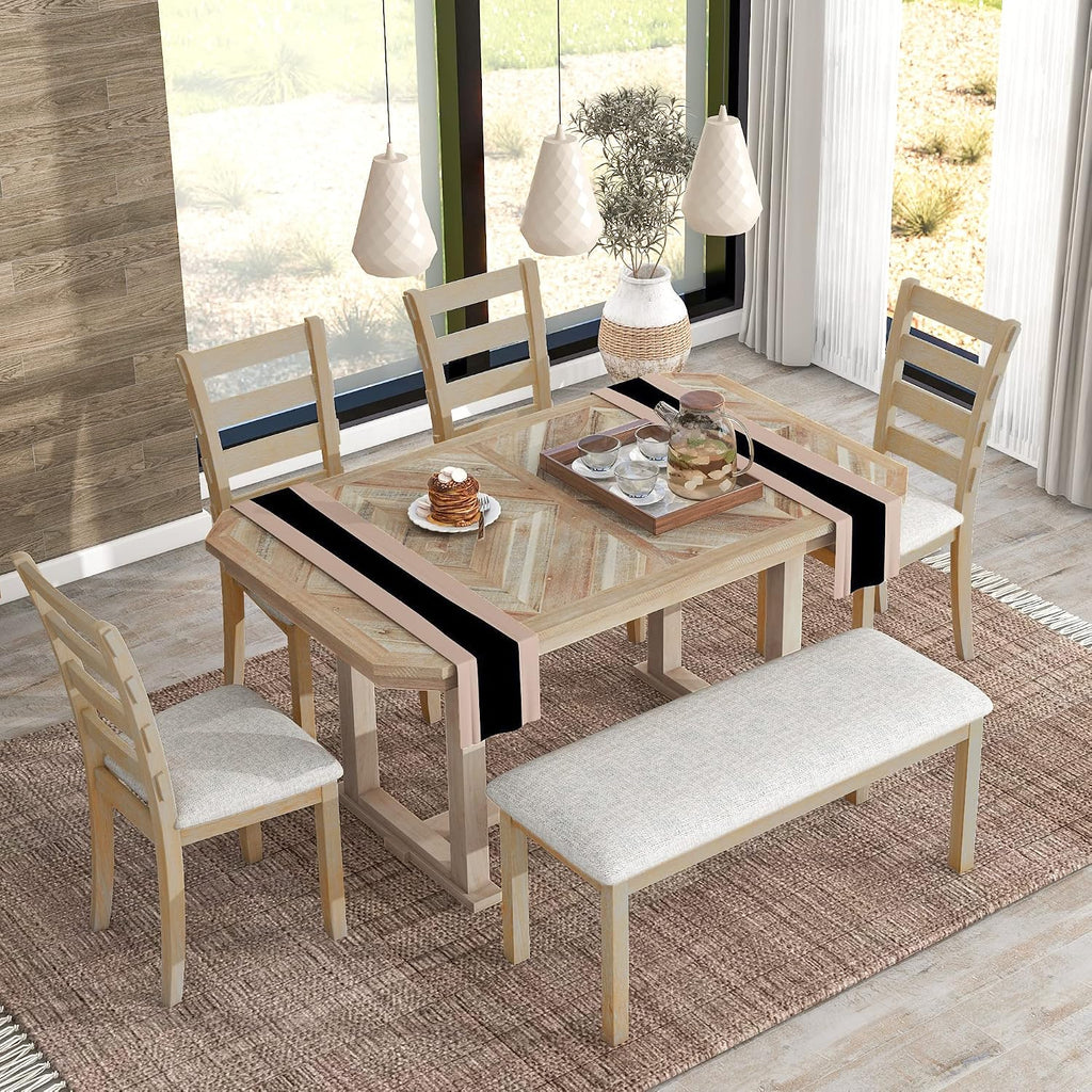 Solid Wood 6-Piece Dining Room Table Set with Beautiful Wood Grain Pattern Tabletop, Rustic Style Kitchen Dining Table Set with 4 Padded Ergonomic Chairs & a Bench (Natural Wash-Grain)