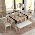 Solid Wood 6-Piece Dining Room Table Set with Beautiful Wood Grain Pattern Tabletop, Rustic Style Kitchen Dining Table Set with 4 Padded Ergonomic Chairs & a Bench (Natural Wash-Grain)