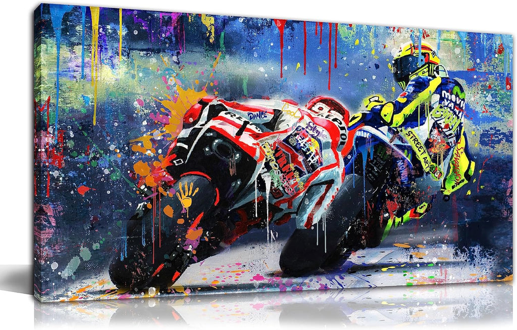 CANEITO Motorcycle Wall Art Living Room, Graffiti Racer Picture Wall Painting Bedroom, Large Sports Canvas Print Posters Wall Decor for Man, 29 x 59 Inch